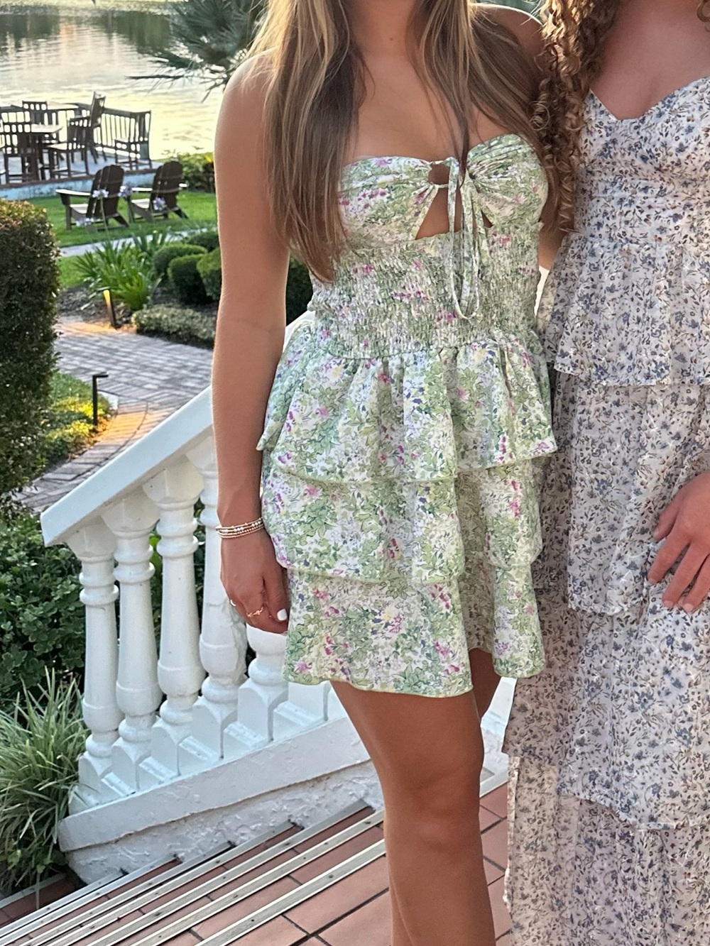 Green Floral Tiered Mini Dress